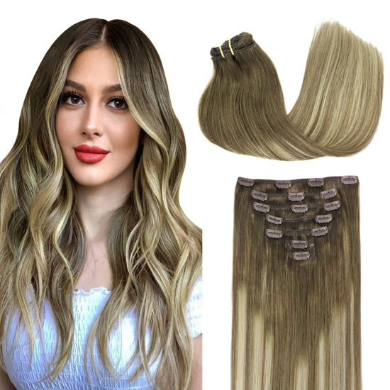 Picture of GOO GOO Clip-in Hair Extensions for Women, Soft & Natural, Handmade Real Human Hair Extensions,Balayage Walnut Brown to Ash Brown and Bleach Blonde, Long, Straight, 7pcs 120g 14inches