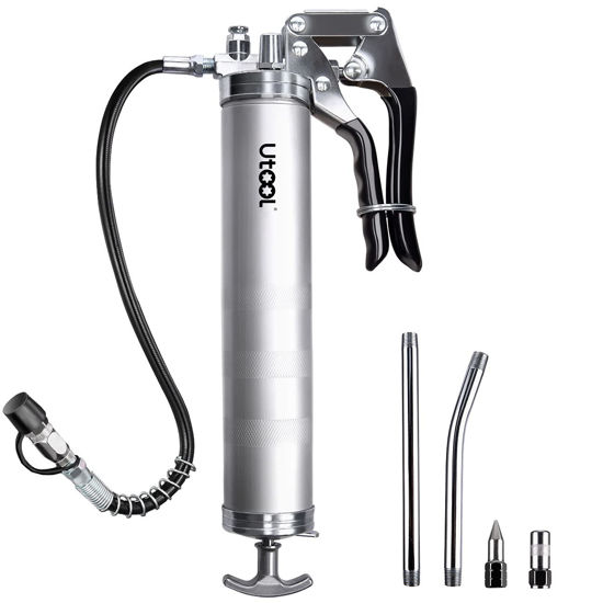 Picture of UTOOL Grease Gun, 8000 PSI Heavy Duty Pistol Grip Grease Gun Set with 14 oz Load, 18 Inch Spring Flex Hose, 2 Working Coupler, 2 Extension Rigid Pipe and 1 Sharp Type Nozzle Included, Argent