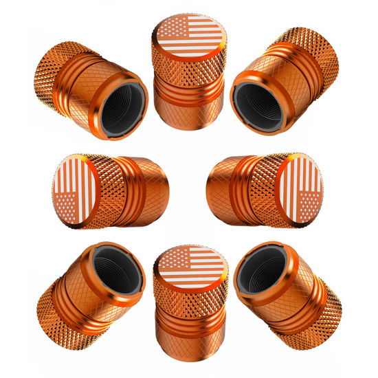 Picture of Tire Valve Stem Caps for Car American Flag Tires Air Caps Cover 8 Pack Corrosion Resistant Premium Alloy Universal for SUV Truck Motorcycle Bike Orange