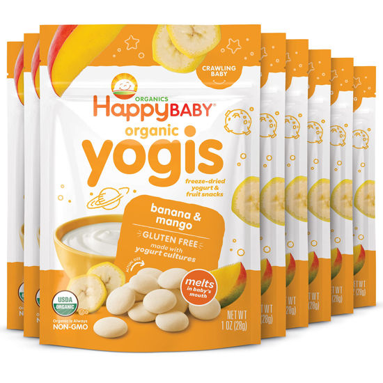 Picture of Happy Baby Organics Yogis Freeze-Dried Yogurt & Fruit Snacks, Banana & Mango, 1 Ounce Bag (Pack of 8) packaging may vary