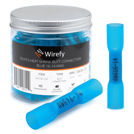 Picture of Wirefy 150 PCS Heat Shrink Butt Connectors Blue 16-14 AWG - Marine Grade - Wire Butt Splice Connectors - Electrical Waterproof