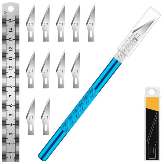 Picture of DIYSELF 1 Pcs Craft Knife Hobby Knife with 11 Pcs Stainless Steel Blades Kit, 1pcs Steel 15MM Ruler for Art, Scrapbooking, Stencil(Blue)