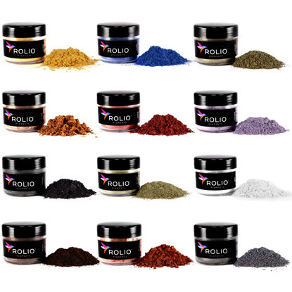 Picture of Rolio Mica Powder Pearlescent Color Pigment - Art Set for Resin Epoxy - for Soap Making, Nail Polish Set, Lip Gloss Set, Eye Shadow, Bath Bomb, Slime & Candle Jars - 10g, 12 Jars - Earth Colors Set