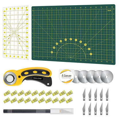 Picture of Headley Tools Rotary Cutter Set - 45mm Fabric Cutter, 5 Extra Rotary Blades, A3 Cutting Mat, Quilting Ruler and Sewing Clips, Craft Knife Set, Ideal for Crafting, Sewing, Scrapbooking, Patchworking