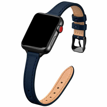 Picture of STIROLL Slim Leather Bands Compatible with Apple Watch Band 38mm 40mm 41mm 42mm 44mm 45mm 49mm,Top Grain Leather Watch Thin Wristband for iWatch Ultra SE Series 8/7/6/5/4/3/2/1(Navy With Black)