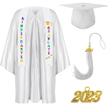 Picture of Foaincore 2023 Year Preschool and Kindergarten Graduation Gown Cap Tassel Set with 2023 Charm Printed Stole for Kid Grad Gift (White, 27)