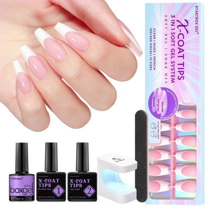 Picture of btartboxnails White French X-coat Tips Kit - 3 in 1 150Pcs Medium Coffin Nails Tips with Nail Gel, French Protecing Duo, Nail Lamp, All in One Soft Gel French Tip Press on Nails Gel Extension Nail Kit