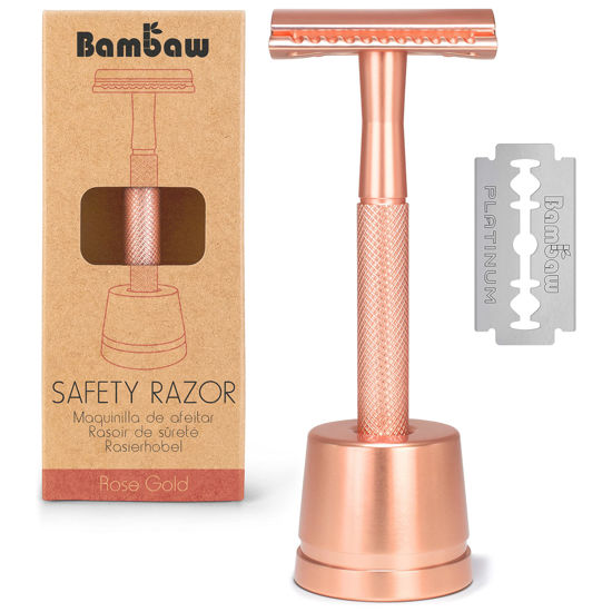 Picture of Bambaw Double Edge Safety Razor with Stand, Women Razor with a Blade, Plastic Free Metal Razor - Rose Gold