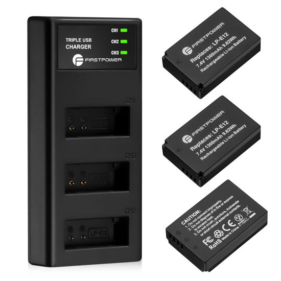 Picture of FirstPower LP-E12 Battery 3-Pack and Triple Slot Charger for Canon EOS M50, M50 Mark II, M, M2, M10, M100, M200, Rebel SL1, PowerShot SX70 HS Digital Cameras