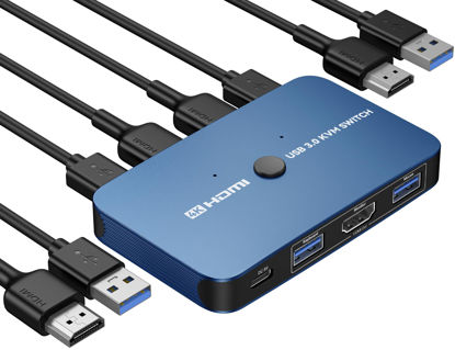 Picture of ABLEWE KVM Switch, Aluminum KVM Switch HDMI,USB Switch for 2 Computers Sharing Mouse Keyboard Printer to One HD Monitor, Support 4K@60Hz,2 HDMI Cables and 2 USB Cables Included(Blue)