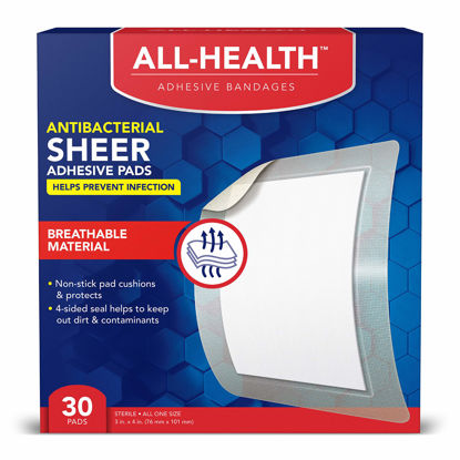 Picture of All Health Antibacterial Sheer Adhesive Pad Bandages, 3 in x 4 in, 30 ct | Helps Prevent Infection, Extra Large Comfortable Protection for First Aid and Wound Care