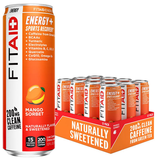 Picture of FITAID ENERGY, 200mg Natural Caffeine, Keto, Mango Sorbet, Optimum Performance Formula: BCAAs, Quercetin, Electrolytes, Omega-3s, 15 calories, Paleo, Vegan & Gluten-Free 12-oz. cans (Pack of 12)