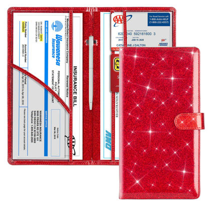 Picture of TOURSUIT Vehicle Insurance and Registration Holder for Car, Girly Interior Bling Car Accessories for Women Teens, Glove Compartment Organizer, Auto License Card Document Wallet (Glitter Red)