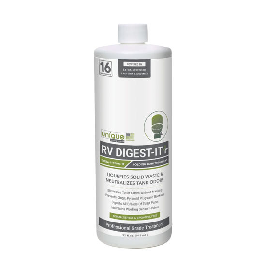 Picture of Unique RV Digest-It+, 10x Stronger, Extra-Strength Black Tank Treatment for RVs - Liquid RV Toilet Treatment, Eliminates Odor, Liquefies Waste, Prevents Sensor Misreading, CA Compliant (32 oz.)