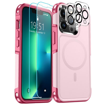 Picture of SUPFINE 5 in 1 Magnetic iPhone 13 Pro Max Case[Compatible with MagSafe][10 FT Military Grade Drop Protection][2+Tempered Glass Screen Protector, 2+Tempered Camera Lens Protector] Non-Slip Case,Pink