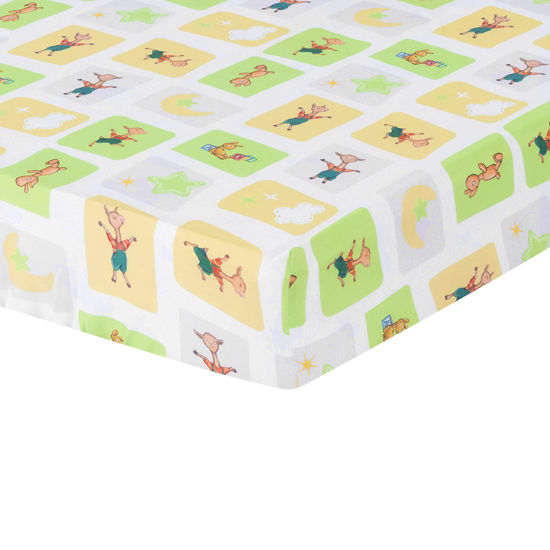 Picture of Llama Llama® Fitted Crib Sheet for Baby Boy or Girl -Block Print of Llama Llama Skipping and Playing by Everyday Kids; Moon, Star and Cloud Shape Designs in Yellow and White Blocks