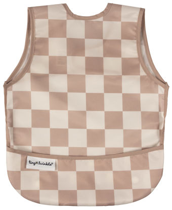 Picture of Tiny Twinkle Mess Proof Baby Bib - Waterproof Baby Apron - Machine Washable - PVC, BPA, & Phthalate Free - Great Travel Bib for Baby Eating - Baby Food Bibs (Brown Checkers, Small 6-24 Months)