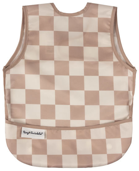 Picture of Tiny Twinkle Mess Proof Baby Bib - Waterproof Baby Apron - Machine Washable - PVC, BPA, & Phthalate Free - Great Travel Bib for Baby Eating - Baby Food Bibs (Brown Checkers, Small 6-24 Months)