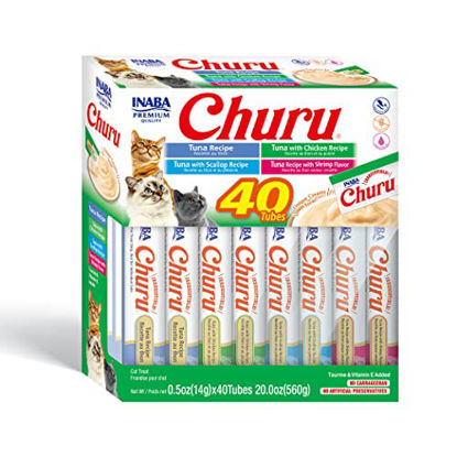 Picture of INABA Churu Cat Treats, Grain-Free, Lickable, Squeezable Creamy Purée Cat Treat/Topper with Vitamin E & Taurine, 0.5 Ounces Each, 40 Tubes, Tuna & Seafood Variety Box