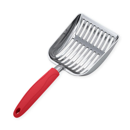 Picture of WePet Cat Litter Scoop, Aluminum Alloy Sifter, Kitty Metal Scooper, Deep Shovel, Long Handle, Poop Sifting, Kitten Pooper Lifter, Heavy Duty, for Litter Box, Polished Aluminum with Red Handle