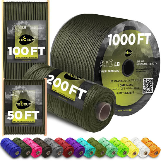 GetUSCart- TECEUM Paracord Type III 550 Army Green - 100 ft - 4mm -  Tactical Rope MIL-SPEC - Outdoor para Cord - Camping Hiking Fishing Gear -  EDC Parachute Cord -Strong Survival Rope 010