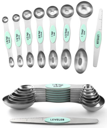 Picture of Spring Chef Magnetic Measuring Spoons Set, Dual Sided, Stainless Steel, Fits in Spice Jars, Mint, Set of 8, 2 Pack