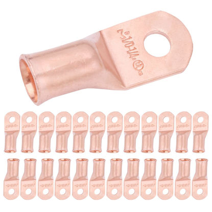 Picture of SELTERM 25pcs 1/0 AWG 1/4" Stud Battery Lugs, Ring Terminals, Heavy Duty Copper Wire Lugs, Battery Cable Ends, 0 Gauge Ring Terminal Connectors, UL Bare Copper Eyelets Electrical Battery Cable Lugs