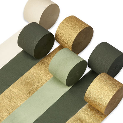 Picture of PartyWoo Crepe Paper Streamers 6 Rolls 492ft, Pack of Metallic Gold, Olive Green, Sage Green, Ivory Crepe Paper for Birthday Decorations, Party Decorations, Wedding Decorations (1.8 in x 82 Ft/Roll)