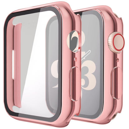 Picture of Misxi 2 Pack Hard PC Case with Tempered Glass Screen Protector Compatible with Apple Watch Series 8 Series 7 41mm, Ultra-Thin Overall Protective Cover for iWatch S8/S7, 1 Rose Pink + 1 Transparent