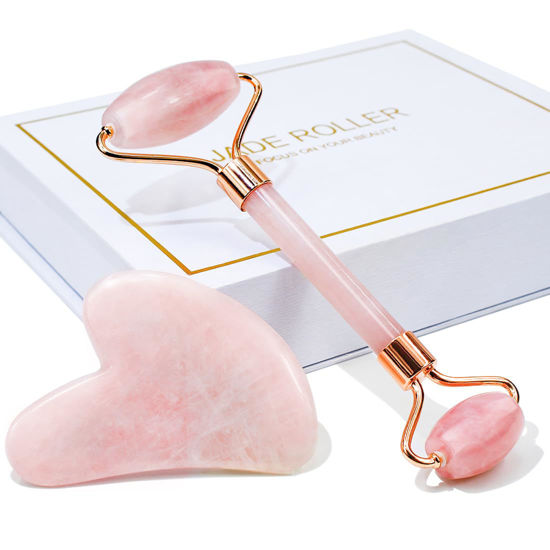 Picture of BAIMEI Jade Roller & Gua Sha, Face Roller, Facial Beauty Roller Skin Care Tools, Massager for Face, Eyes, Neck, Body Muscle Relaxing and Relieve Fine Lines and Wrinkles - Rose Quartz