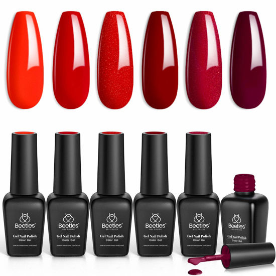 Picture of Beetles Red Gel Nail Polish Set - 6 Colors Bloody Mary Collection Popular Shimmer Burgundy Kit Holiday Art Design, Soak Off LED Minicure DIY Home