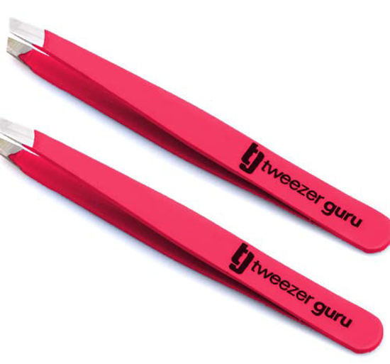 Picture of Tweezer Guru Tweezers for Women - 2pc Slant Pointed Precision Tweezers for Eyebrows & Ingrown Hair Removal - Blackhead and Splinter Tweezer with Sharp Needle Nose Point for Plucking (Bright Pink)