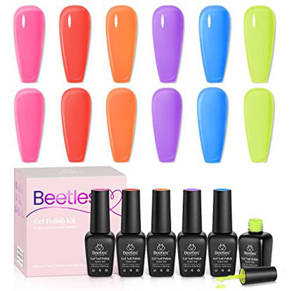 Picture of Beetles 6 Colors Jelly Gel Nail Polish Kit, 2023 Summer Jelly Tint Neon Translucent Sheer Red Hot Pink Purple Bright Blue Yellow Gel Polish Soak Off Uv Led Gel Nail Manicure for Girls Women