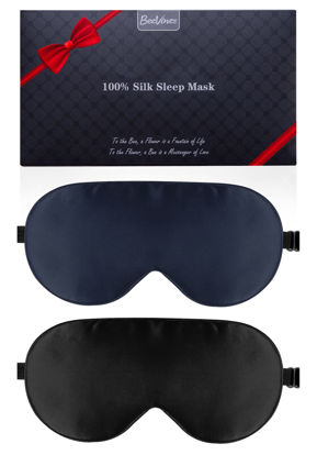 Picture of Silk Sleep Mask, 2 Pack 100% Real Natural Pure Silk Eye Mask with Adjustable Strap, Eye Sleeping Mask, BeeVines Eye Sleep Shade Cover for Summer Travel Reduces Puffy Eyes (Black & Blue)