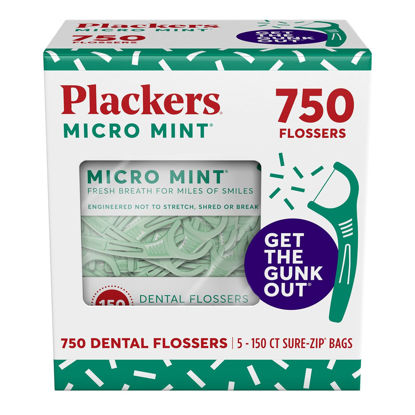 Picture of Plackers Micro Mint Dental Flossers, Fold-Out Toothpick, Super Tuffloss, Easy Storage with Sure-Zip Seal, Fresh Mint Flavor, 750 Count (Pack of 5)