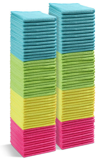 Picture of HOMEXCEL Microfiber Cleaning Cloth,100Pack Cleaning Rag,Cleaning Towels with 4 Color Assorted,11.5"X11.5"(Green/Blue/Yellow/Pink)