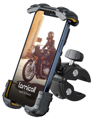 Picture of Lamicall Bike Phone Holder Mount - Motorcycle Handlebar Phone Mount Clamp, One Hand Operation ATV Scooter Phone Clip for iPhone 12/11 Pro Max/X/XS, Galaxy S10 and 4.7"- 6.8" Cellphone - Yellow