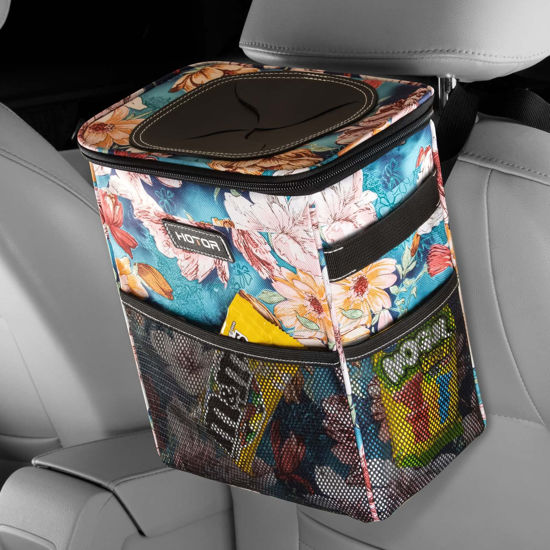 Picture of HOTOR Car Trash Can with Lid and Storage Pockets,100% Leak-Proof Car Organizer, Waterproof Car Garbage Can, Multipurpose Trash Bin for Car - Blue Flower