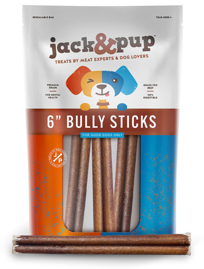 Picture of Jack&Pup 6 Inch Thick Bully Sticks for Medium Dogs, Dog Bully Sticks for Small Dogs -6" Bully Sticks for Puppies Natural Bully Sticks Odor Free Long Lasting Dog Chews, Beef Bully Stick (3 Pack)