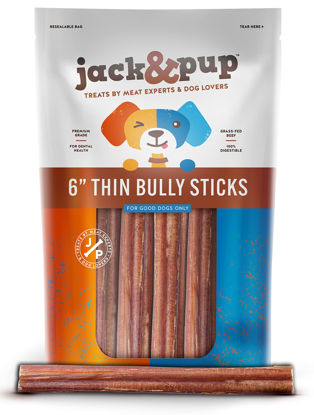 Picture of Jack&Pup Premium Thin Dog Bully Sticks 6 inch Bully Sticks for Dogs, (10 Pack) Healthy Dog Treats Bully Sticks Odor Free Bully Sticks for Small Dogs - 100% Beef Dog Chews, Pizzle Chew Sticks for Dogs