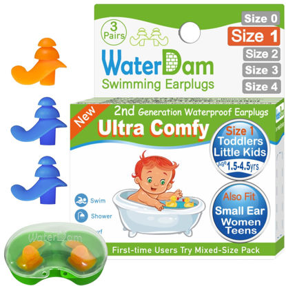 Picture of WaterDam Swimming Ear Plugs Great Waterproof Ultra Comfy Earplugs Prevent Swimmer's Ear (Size 1+1+1: Toddlers & ExtraSmall Ear Teens&Women (Orange Blue Blue))