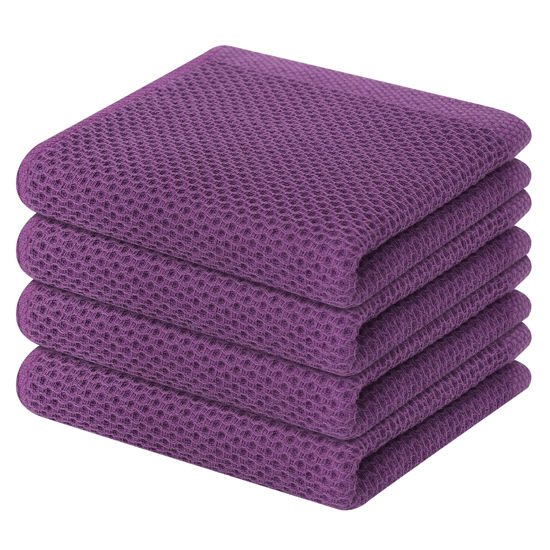 Picture of Homaxy 100% Cotton Waffle Weave Kitchen Dish Towels, Ultra Soft Absorbent Quick Drying Cleaning Towel, 13x28 Inches, 4-Pack, Purple