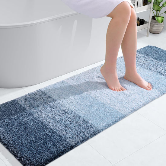 Picture of OLANLY Luxury Bathroom Rug Mat, Extra Soft and Absorbent Microfiber Bath Rug, Non-Slip Plush Shaggy Bath Carpet Runner, Machine Wash Dry, Bath Mats for Bathroom Floor, Tub and Shower, 59x20, Navy Blue