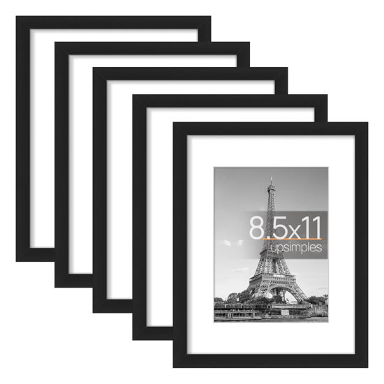 Picture of upsimples 8.5x11 Picture Frame Set of 5, Display Pictures 6x8 with Mat or 8.5x11 Without Mat, Wall Gallery Photo Frames, Black