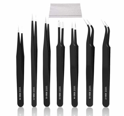 Picture of YHYZ 7pcs Precision Tweezers Set, Premium Anti-Static Stainless Steel ESD Tweezers Set Kit for Electronics, Sodlering，Jewelry, Craft, Laboratory Work, DIY(7PCS, Version)