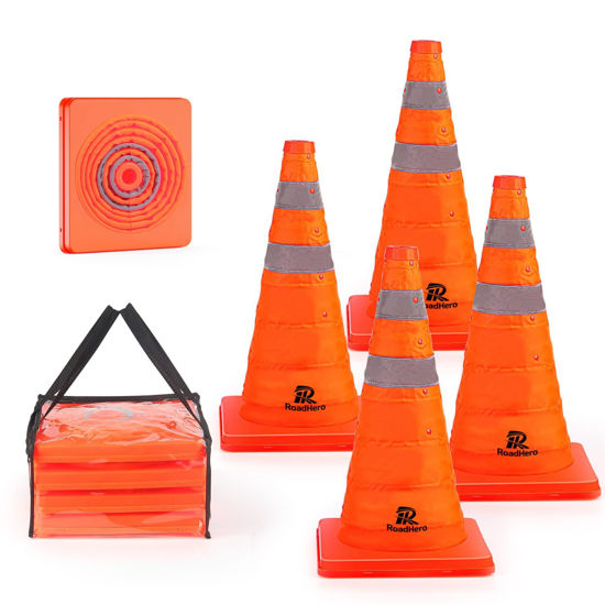 Picture of RoadHero 18 Inch [4 Pack] Collapsible Traffic Safety Cones, Multi Purpose Pop-up Cones with Reflective Collar for Road Safety, Orange Cones for Driving Training, Parking Lots