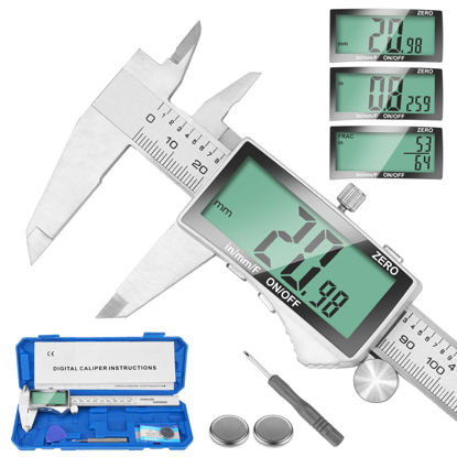 Picture of Digital Caliper, 6 Inch Caliper Tool with Extra Large LCD Screen, Auto-Off Feature, Easy Switch from Inch Metric Fraction, Stainless Steel Vernier Caliper Measuring Tool for DIY/Household