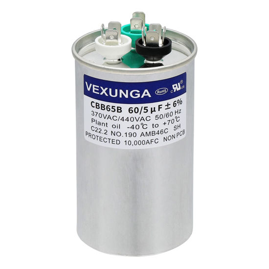 Picture of VEXUNGA 60/5 uF 60+5 MFD 370VAC or 440VAC Dual Run Start Round A/C Capacitor CBB65 CBB65B Air Conditioner Capacitors for AC Unit Fan Motor Start or Heat Pump or Condenser Straight Cool