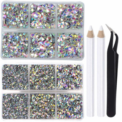 Picture of LPBeads 6400 Pieces Hotfix Rhinestones Clear AB Flat Back 5 Mixed Sizes Crystal Round Glass Gems with Tweezers and Picking Rhinestones Pen