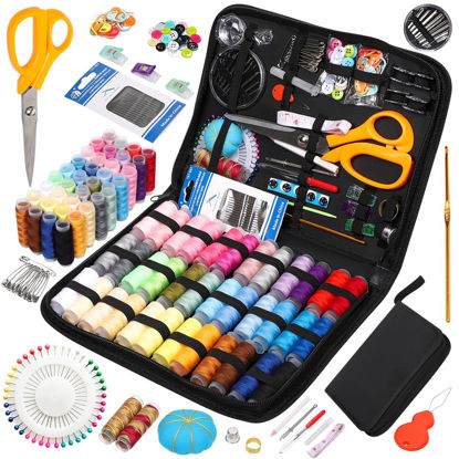 Picture of JUNING Sewing Kit with Case, Sewing Supplies for Home Travel and Emergency, Kids Machine, Contains Spools of Thread, Mending and Sewing Needles, Scissors, Thimble, Tape Measure